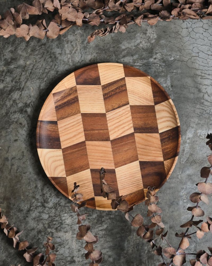 Homewares Crane Living | Hayes Zig Zag Checkerboard Wooden Plate