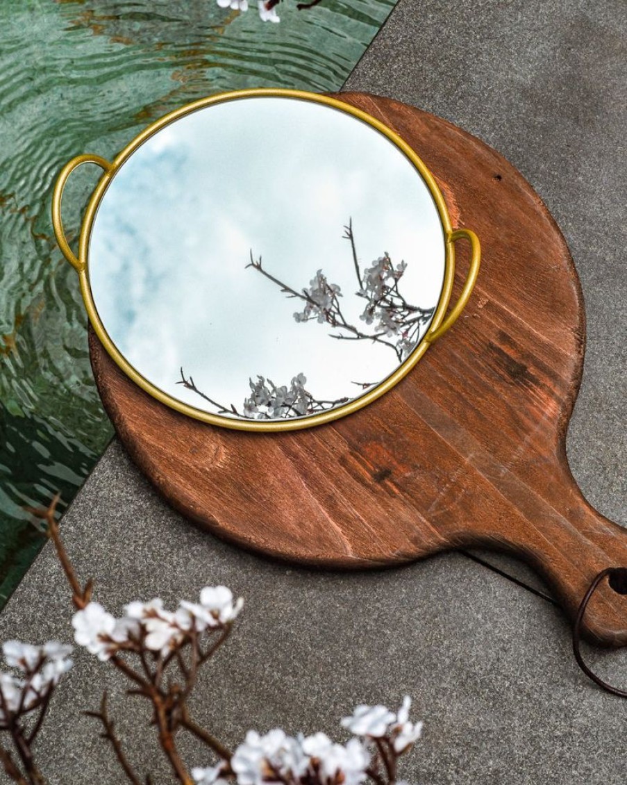 Decor Crane Living | Round Brass Rimmed Mirror Tray With Handle