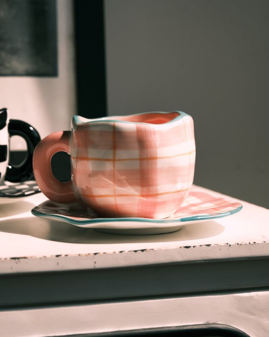 Homewares Crane Living | Summer Daze Pink Plaid Cup And Saucer