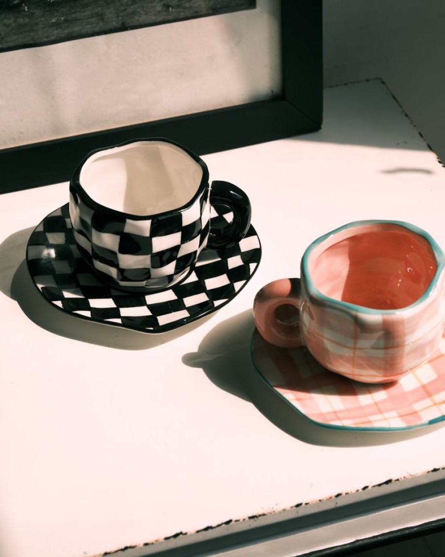 Homewares Crane Living | Summer Daze Pink Plaid Cup And Saucer