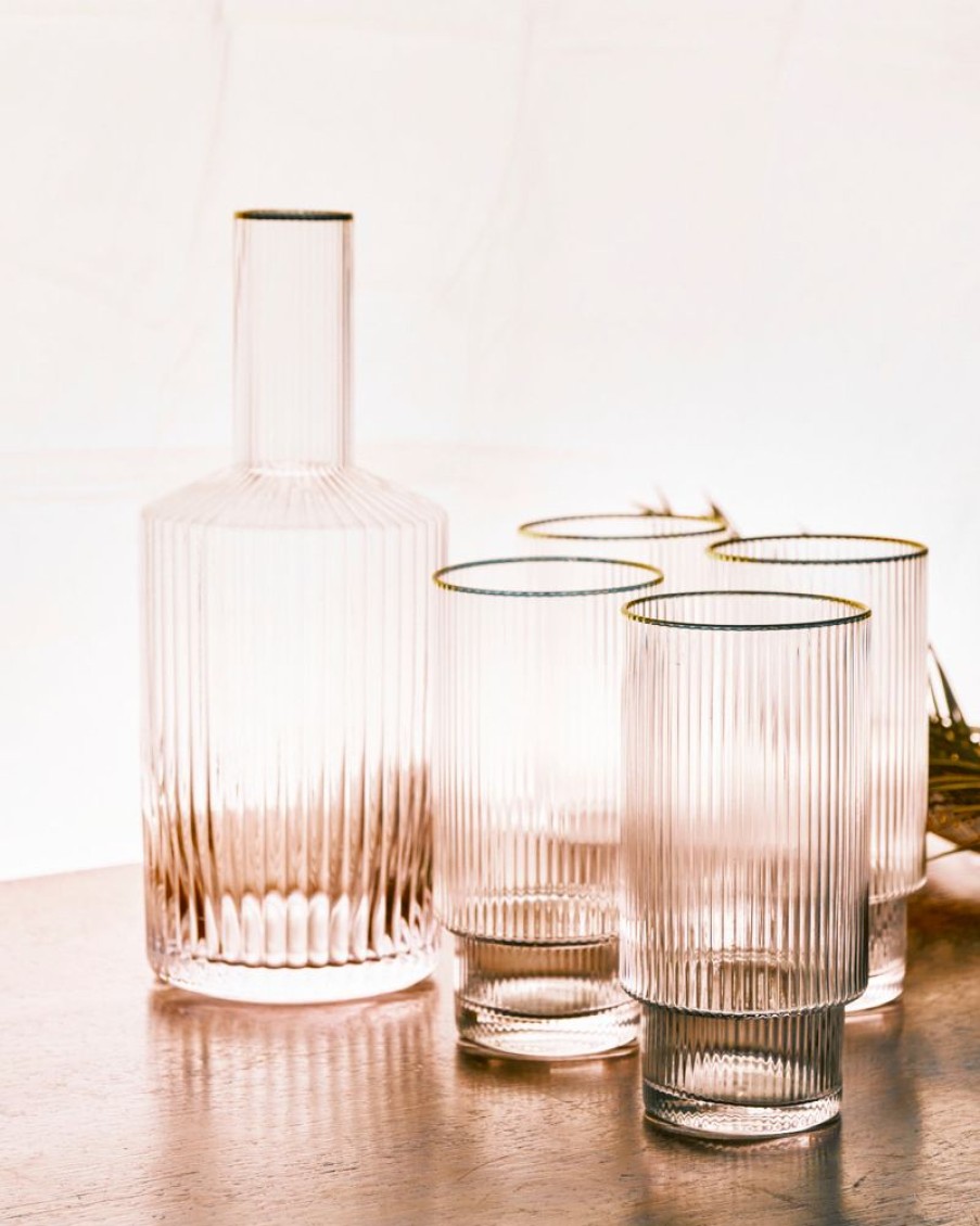 Homewares Crane Living | Aura Gold Rimmed Ribbed Glass Carafe Set - Tall Glass