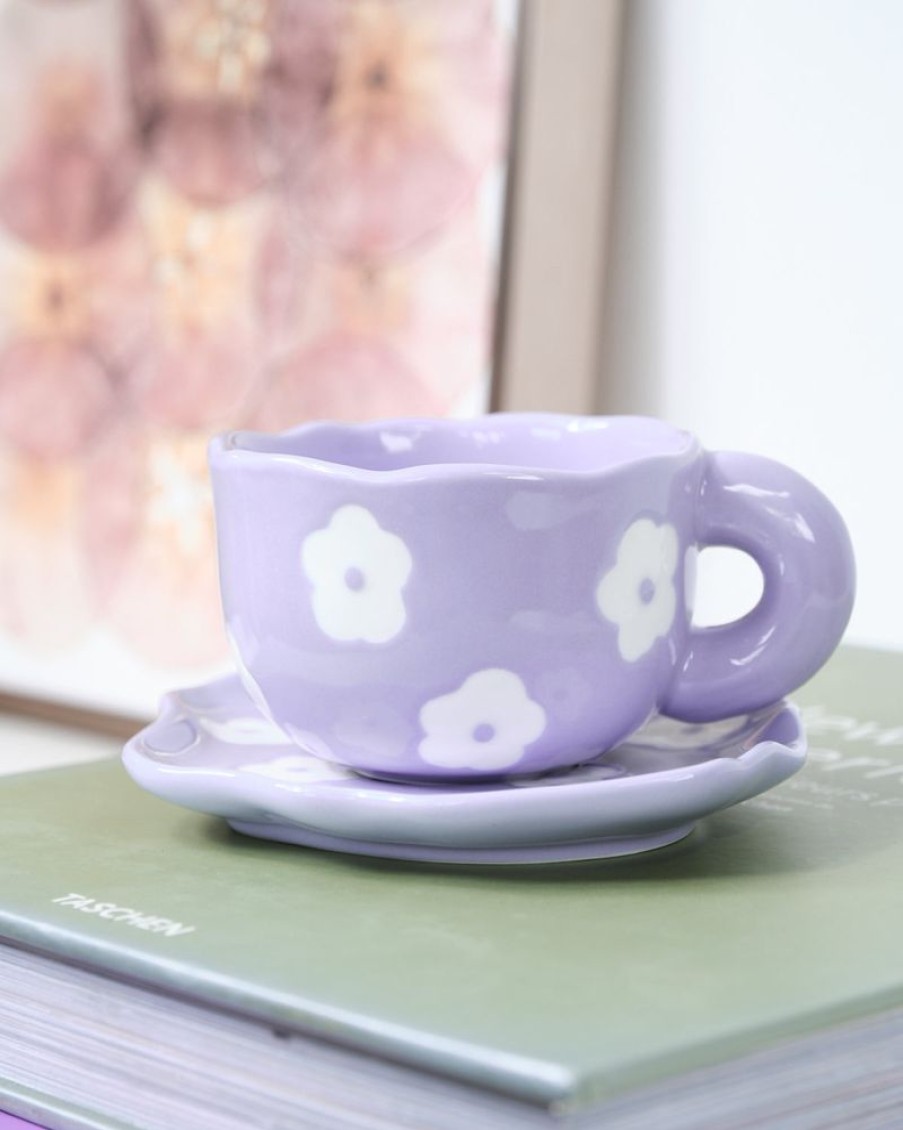 Homewares Crane Living | Summer Daze Purple Flower Cup And Saucer