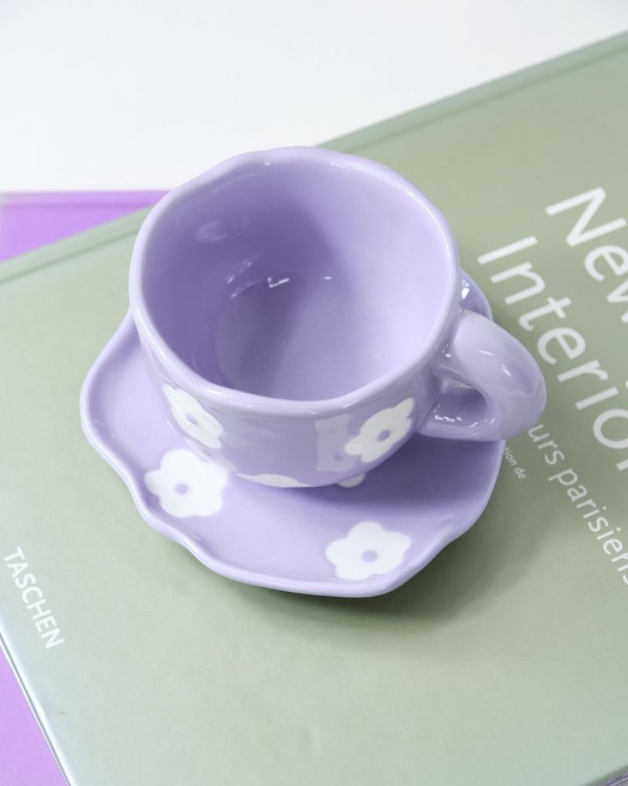 Homewares Crane Living | Summer Daze Purple Flower Cup And Saucer