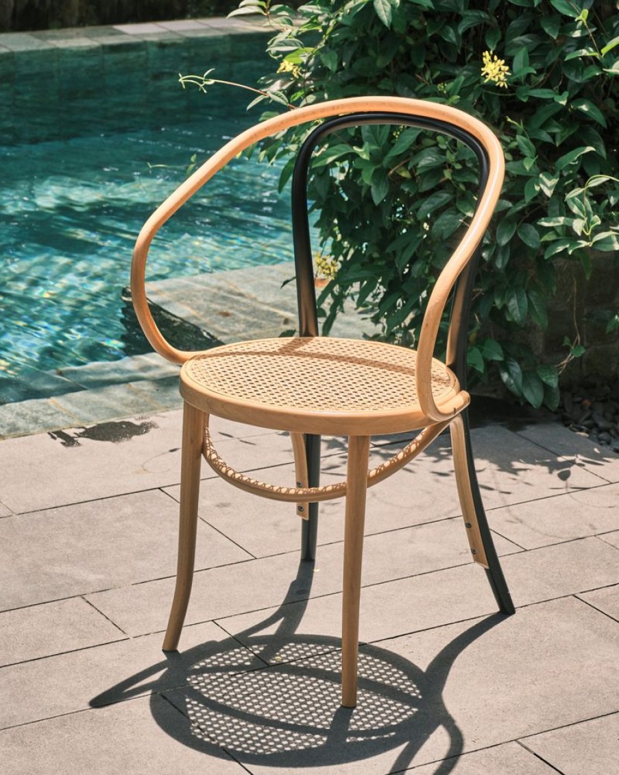 Furniture Crane Living | Bentwood Chair With Arms - Beech And Black With Rattan Seat