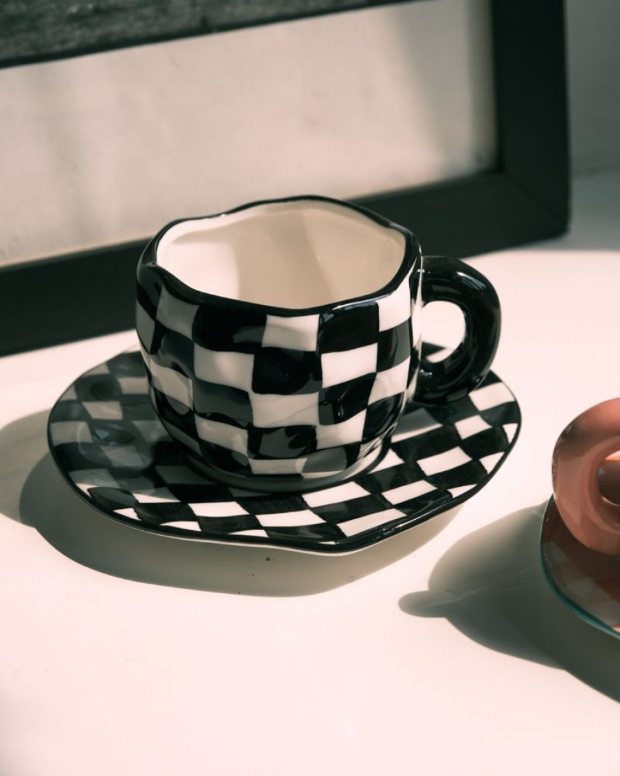 Homewares Crane Living | Summer Daze Checkered Cup And Saucer