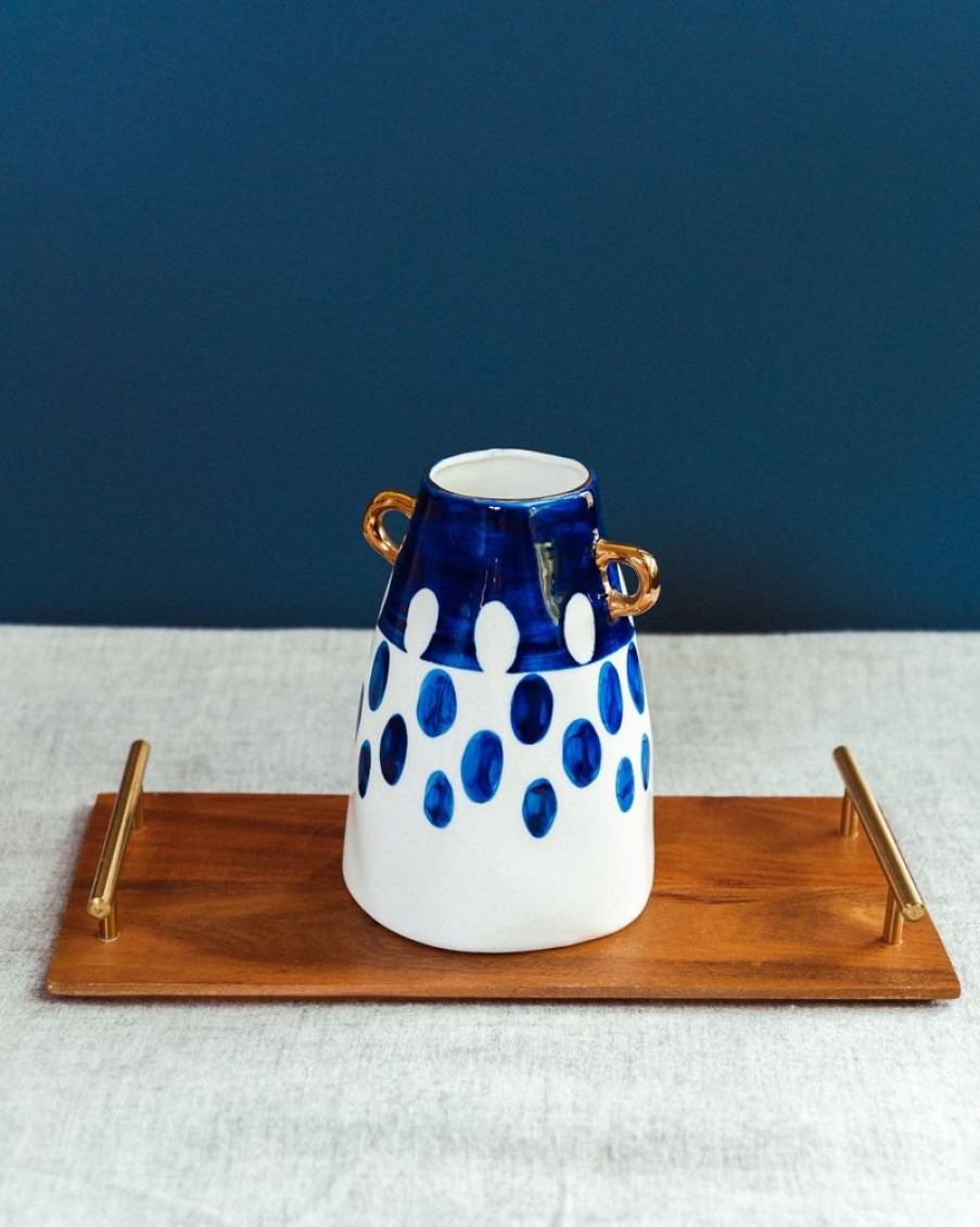 Decor Crane Living | Indigo Spotted Ceramic Vase With Gold Handles